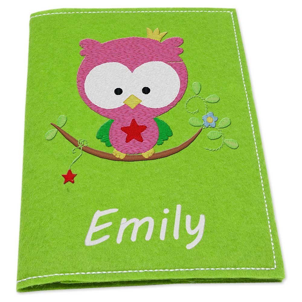 Embroidered German Child Health Record Cover with Name, Owl on Branch