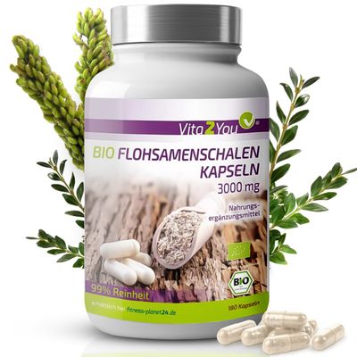 Vita2You Organic Psyllium Husk Capsules 3000 mg – 180 Capsules – 750 mg per Capsule – High-Dose Indian Psyllium Husk – Additive-Free