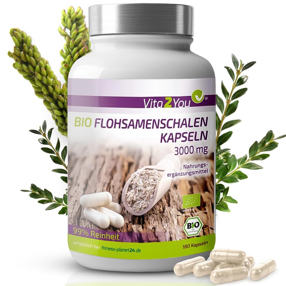 Vita2You Organic Psyllium Husk Capsules 3000 mg – 180 Capsules – 750 mg per Capsule – High-Dose Indian Psyllium Husk – Additive-Free