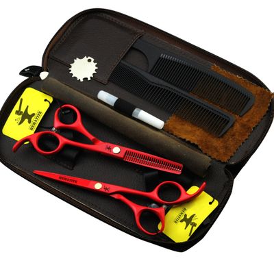 FOMALHAUT 5.5-Inch Red Barber Cutting Scissors Set for Hairdressers, Razor Cutting Scissors & Thinning Scissors