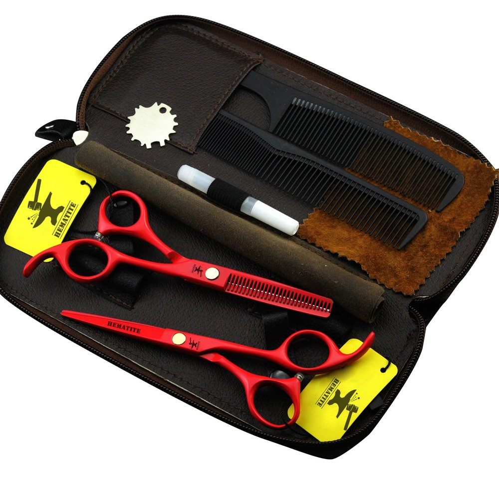 FOMALHAUT 5.5-Inch Red Barber Cutting Scissors Set for Hairdressers, Razor Cutting Scissors & Thinning Scissors