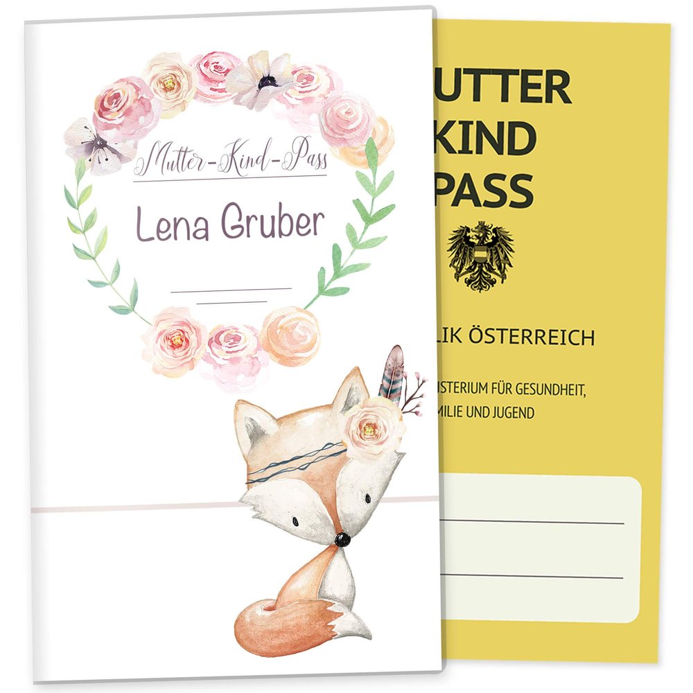 OLGS Mother-Child Pass Cover: Cute Boho Design, Personalized with Name, Fox