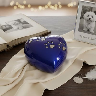 Esplanade Mini Brass Heart-Shaped Keepsake Memorial Urn Jar with Paw Engraving, Red - 2.75 Inches (Blue)