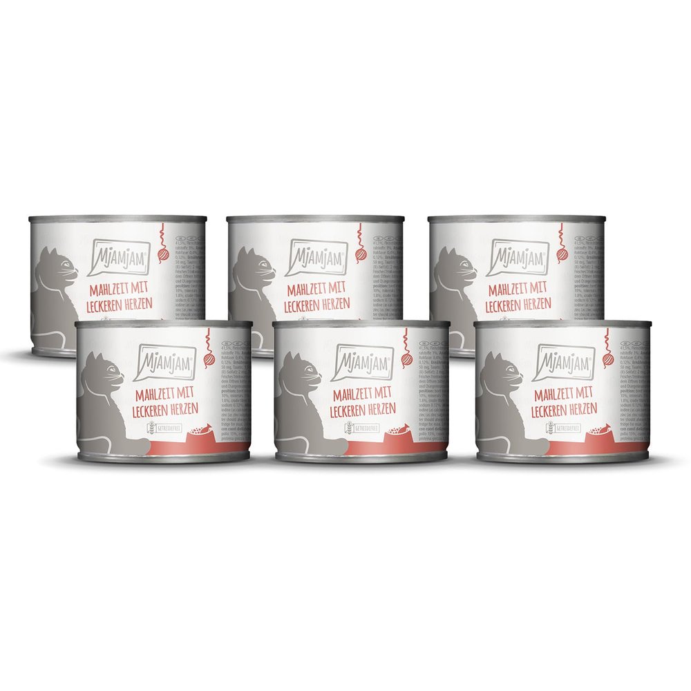 MjAMjAM - Premium Wet Cat Food - Meal with Tasty Hearts, 6-Pack (6 x 200 g), Grain-Free with Extra Meat
