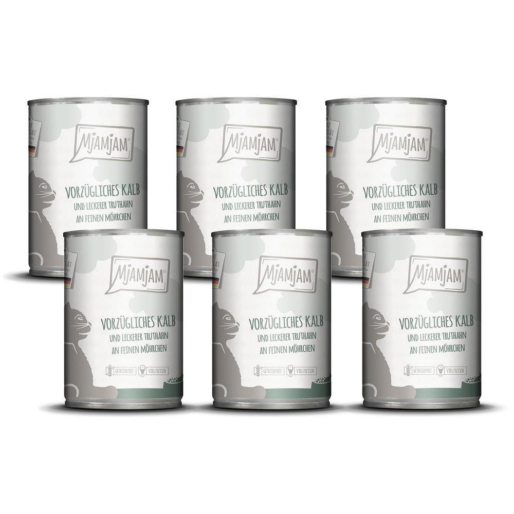 MjAMjAM - Premium Wet Cat Food - Tender Veal & Turkey with Fine Carrots, 6-Pack (6 x 400 g), Grain-Free with Extra Meat