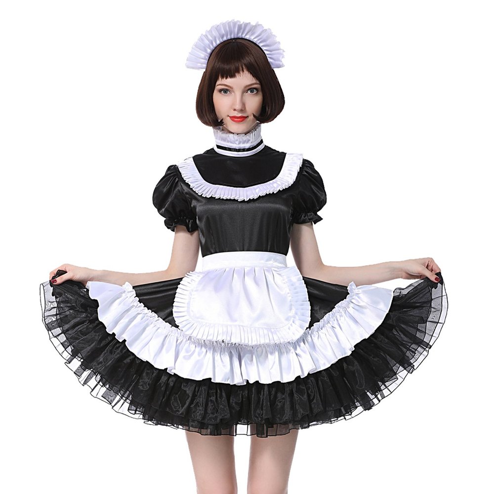 GOceBaby Sissy Maid Lockable Black Satin Dress Costume, Pleated Trousers Style (M)