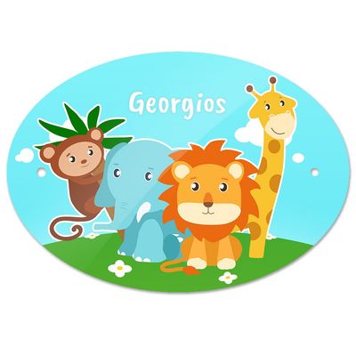 Eurofoto Door Sign with the Name Georgios and Monkey, Elephant, Lion & Giraffe Motif for Boys
