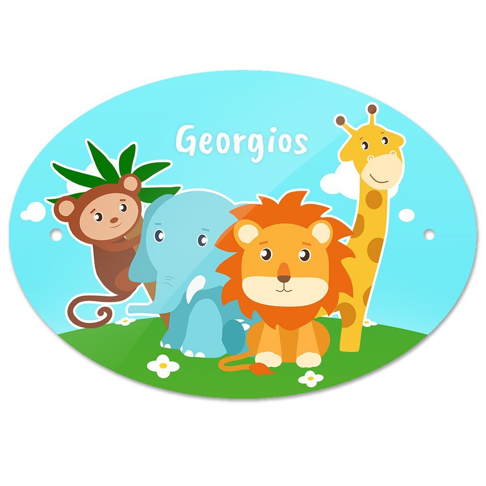 Eurofoto Door Sign with the Name Georgios and Monkey, Elephant, Lion & Giraffe Motif for Boys