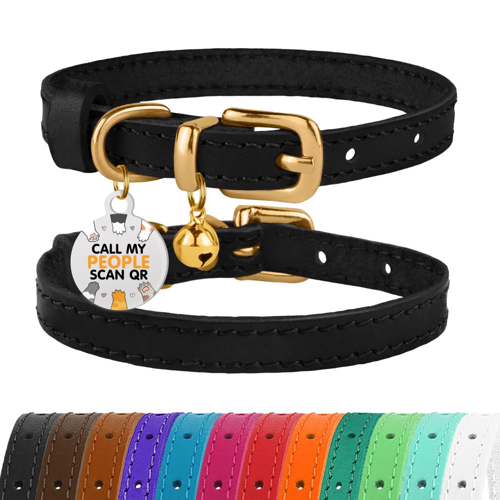 BRONZEDOG Leather Cat Collar with Bell, Non-Rubbing, QR Tag for Boys and Girls (Black and Gold, 18-23 cm)