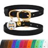 BRONZEDOG Leather Cat Collar with Bell, Non-Rubbing, QR Tag for Boys and Girls (Black and Gold, 18-23 cm) view 1