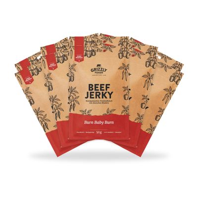 Grizzly Foods Beef Jerky Burn Baby Burn (10 x 50 g) Dried Meat Protein Snacks Beef from Germany High-Protein Snack for Gym, Fitness, Outdoor, Office