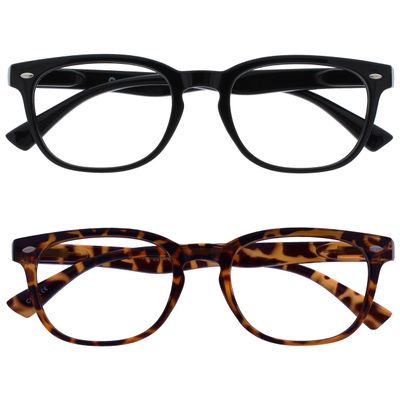 OPULIZE ORA Reading Glasses for Women and Men, Designer Style, Spring Hinges, Rectangular Frames, 2-Pack, Black and Brown Tortoiseshell, +1.00