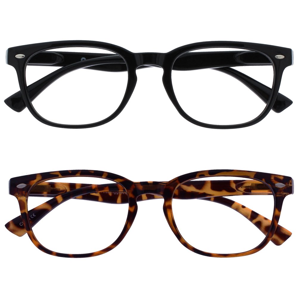OPULIZE ORA Reading Glasses for Women and Men, Designer Style, Spring Hinges, Rectangular Frames, 2-Pack, Black and Brown Tortoiseshell, +1.00