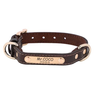 ITODA Soft Leather Dog Collar with Engraved Metal ID Tag, Brown, Size S