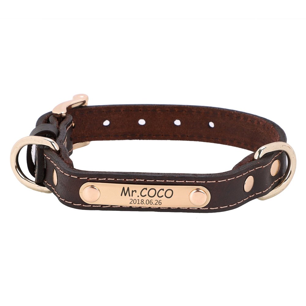 ITODA Soft Leather Dog Collar with Engraved Metal ID Tag, Brown, Size S