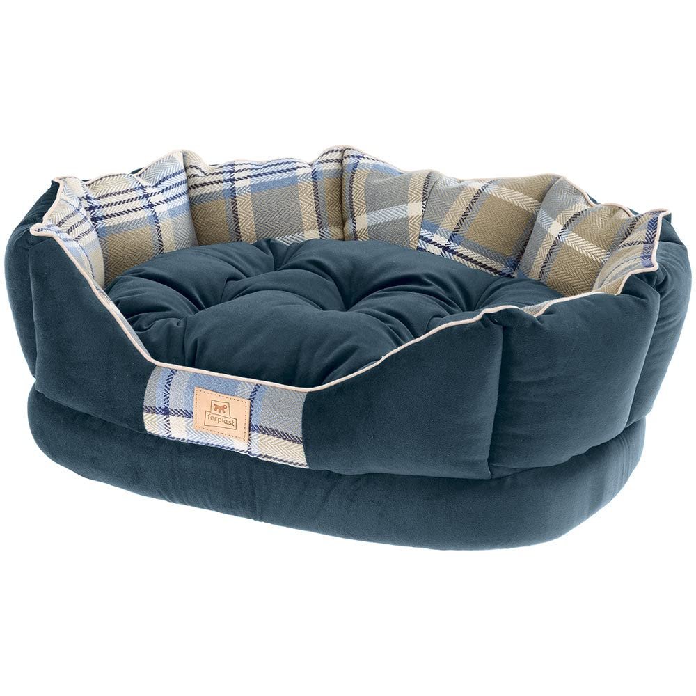 Ferplast CHARLES 60 Padded Dog and Cat Bed Sofa with Cushion, Plaid Soft Velvet, Washable, 56 x 42 x 20 cm, Blue