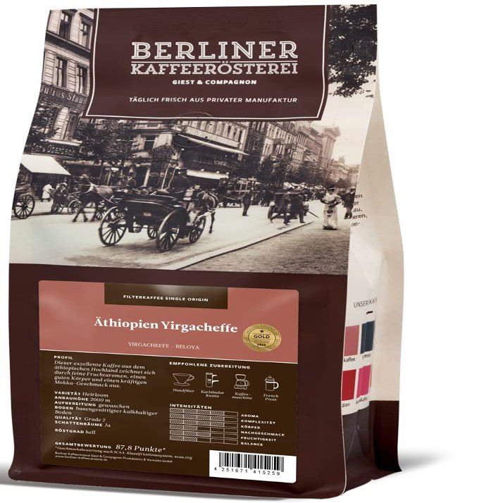 Berliner Kaffeerösterei Ethiopia Yirgacheffe, Ground Coffee, 500 g, Light Roast
