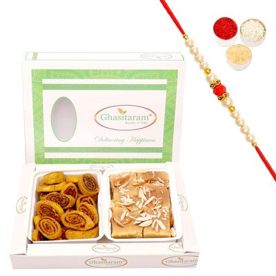 Ghasitaram Gifts Rakhi Sweets Hamper with Bhakarwadi, Soft Mysore Pak, and Beaded Rakhi