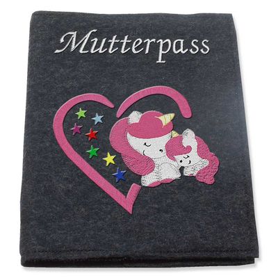 Embroidered Wool Felt Maternity Record Cover, Pink Unicorn Heart, Dark Gray