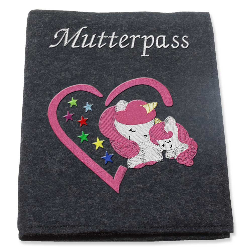 Embroidered Wool Felt Maternity Record Cover, Pink Unicorn Heart, Dark Gray