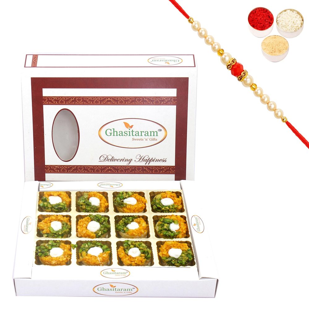 Ghasitaram Gifts Kesar Pista Delight with Beaded Rakhi, 250 g