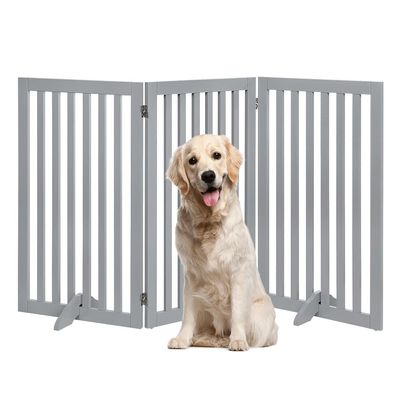 unipaws Freestanding Dog Gate, No-Drill Foldable Wooden Baby Gate and Fireplace Guard, Gray (3 Panels, 91 cm High)