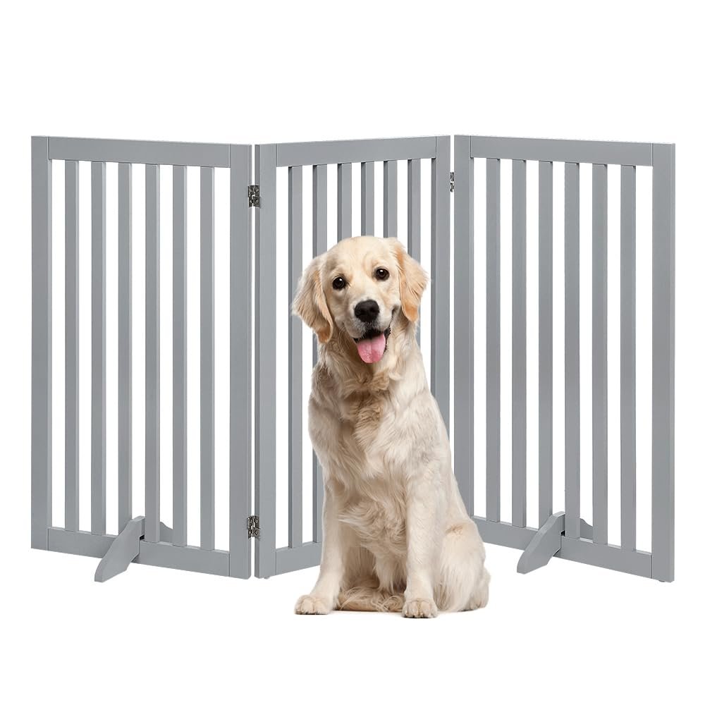 unipaws Freestanding Dog Gate, No-Drill Foldable Wooden Baby Gate and Fireplace Guard, Gray (3 Panels, 91 cm High)