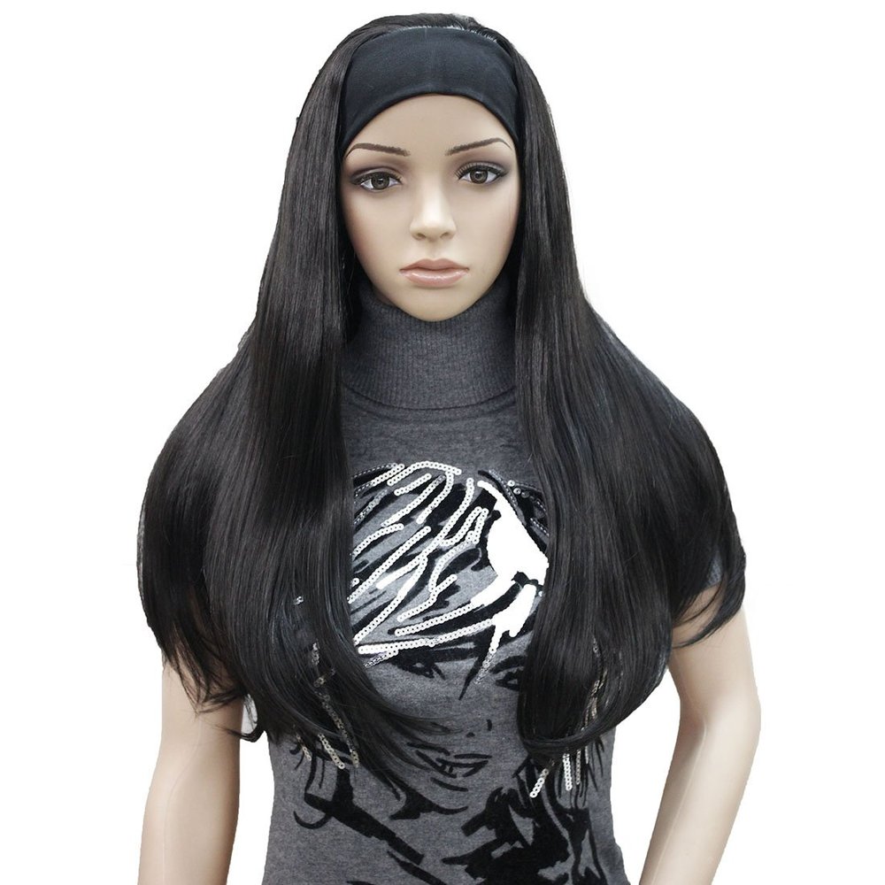 Lydell Long 3/4 Women's Wig, Straight, Blonde Highlights, Synthetic Hair, Adjustable Black Headband, Natural Black