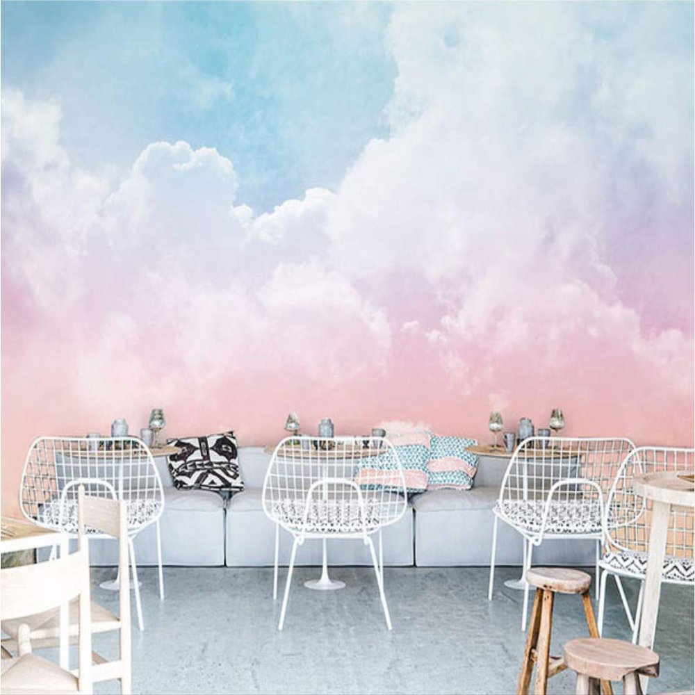 WH-PORP Pink Sky Cloud 3D Cartoon Wall Mural for Baby Girls' Rooms, 300 × 210 cm