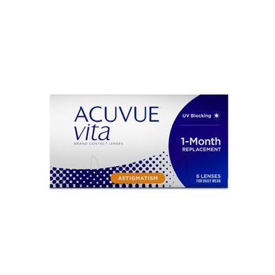 ACUVUE Vita for Astigmatism Soft Monthly Contact Lenses, 6 Pack, BC 8.6 mm, DIA 14.5 mm, CYL -0.75, Axis 10, -3.00 D