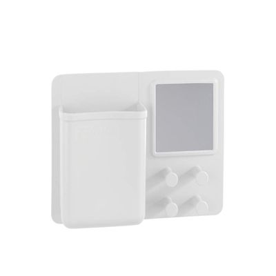 WENKO Ampio Organizer with Mirror and Hooks, White – Cosmetic Storage, Makeup Organizer, No-Drill Mounting, Silicone, 20 x 15 x 5 cm