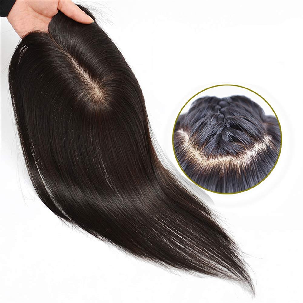 Straight Human Hair Topper with Clips, 7.6 x 12.7 cm, Silk Base, Crown Topper, 15.2 cm, Dark Brown