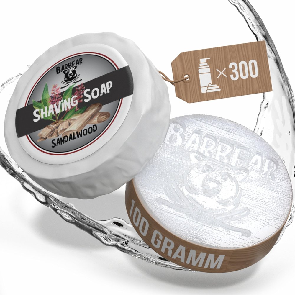 Barbear | Deluxe Shaving Soap | 100g Jumbo Size | Vegan Shaving Cream Alternative | Handmade in Soap Manufactory | Power Formula for Dense Lather (Sandalwood)