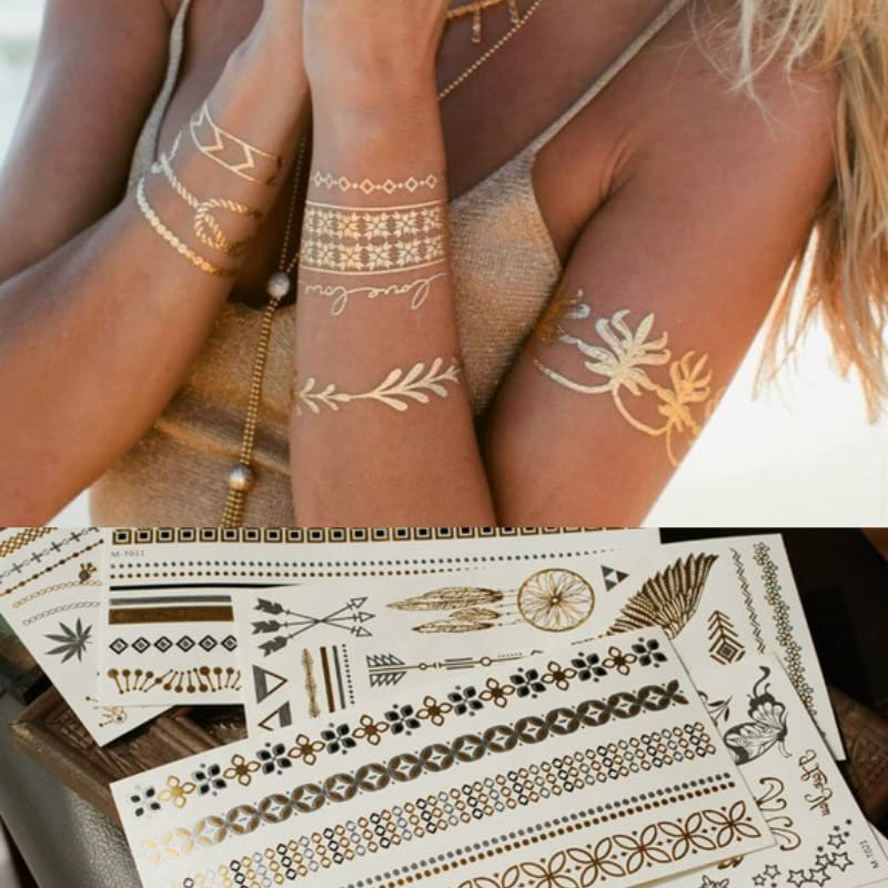 Amacoam Festival Tattoos Gold – Waterproof Temporary Metallic Tattoos, 6 Sheets, 70 Designs