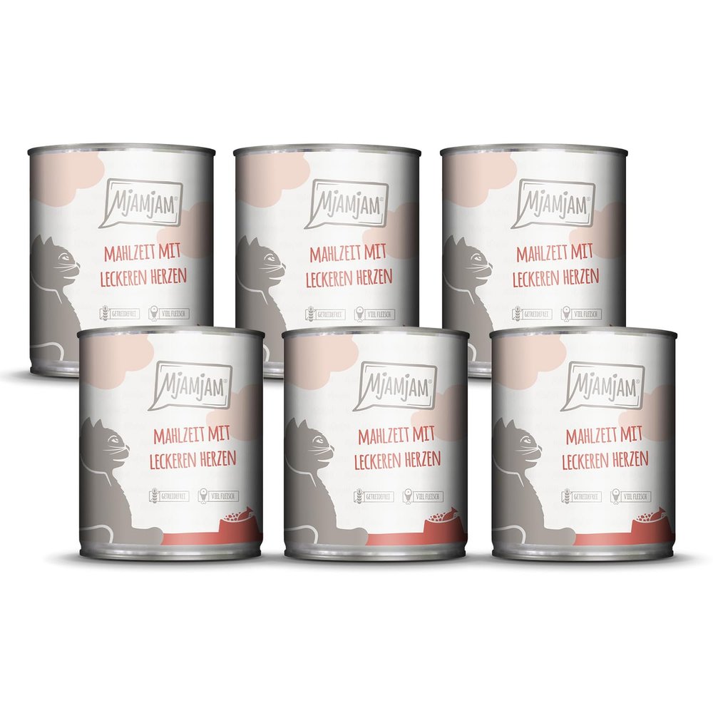 MjAMjAM - Premium Wet Cat Food - Meal with Tasty Hearts, 6-Pack (6 x 800 g), Grain-Free with Extra Meat