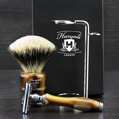 Traditional Wet Shaving Set with Silver Tip Badger Brush and Stainless Steel Double Stand