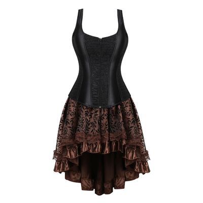 Grebrafan Gothic Renaissance Corset with Tulle Skirt for Women, XL, Brown