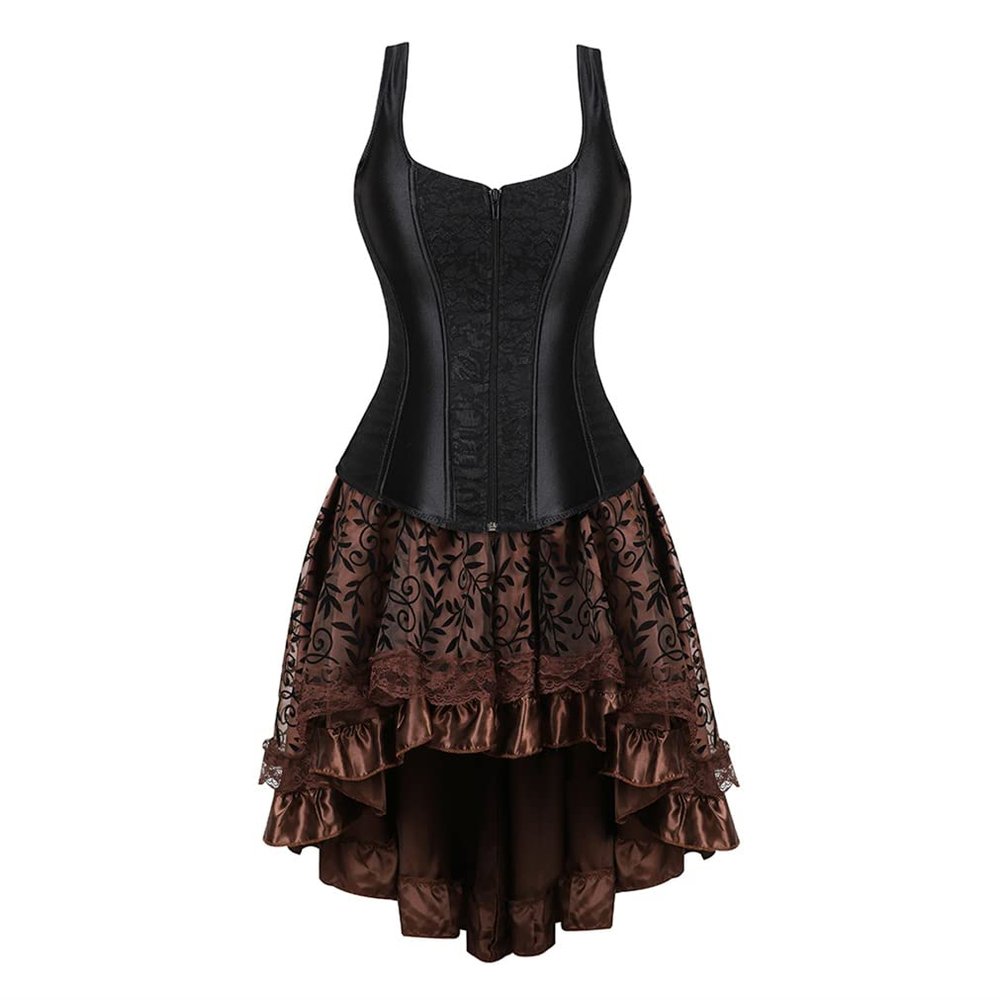 Grebrafan Gothic Renaissance Corset with Tulle Skirt for Women, XL, Brown