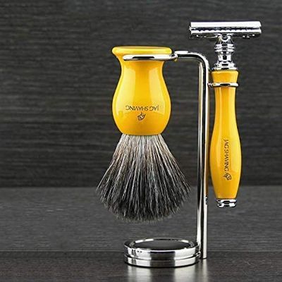 Traditional Classic DE Safety Wet Shaving Set – Black Synthetic Badger Brush, Double-Edge Razor & Stainless Steel Stand – Special Yellow Selection, Premium Unbreakable Resin Handles