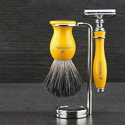 Traditional Classic DE Safety Wet Shaving Set – Black Synthetic Badger Brush, Double-Edge Razor & Stainless Steel Stand – Special Yellow Selection, Premium Unbreakable Resin Handles