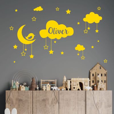 Wall Decal for Babies, Customizable, Clouds, Stars, Moon and Bird [Medium Yellow]