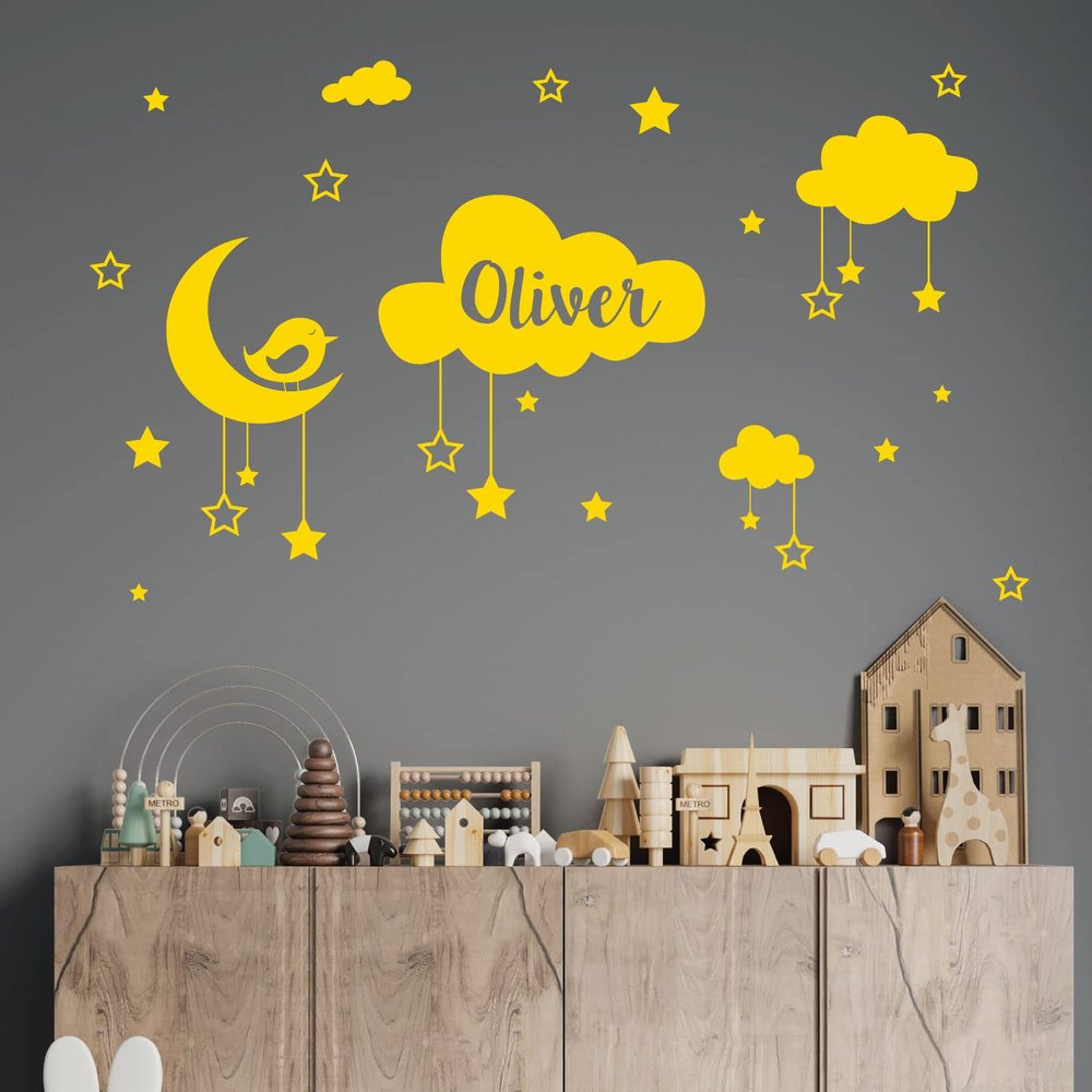 Wall Decal for Babies, Customizable, Clouds, Stars, Moon and Bird [Medium Yellow]
