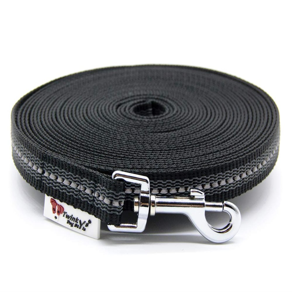 Twinkys Dog Style Reflective Dog Training Lead, Black, 30 m, 20 mm, Rubberized, with Hand Loop