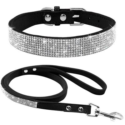 haoyueer Soft Suede Dog Collar with Leash Set (S, Black)