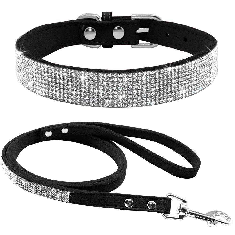 haoyueer Soft Suede Dog Collar with Leash Set (S, Black)