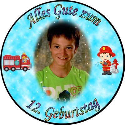Firefighter Birthday Cake Topper, Edible Cake Image, Round 20 cm, Turquoise