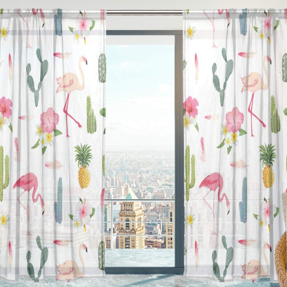 Mnsruu Flamingo Voile Curtains, 2 Panels, 198 cm Long