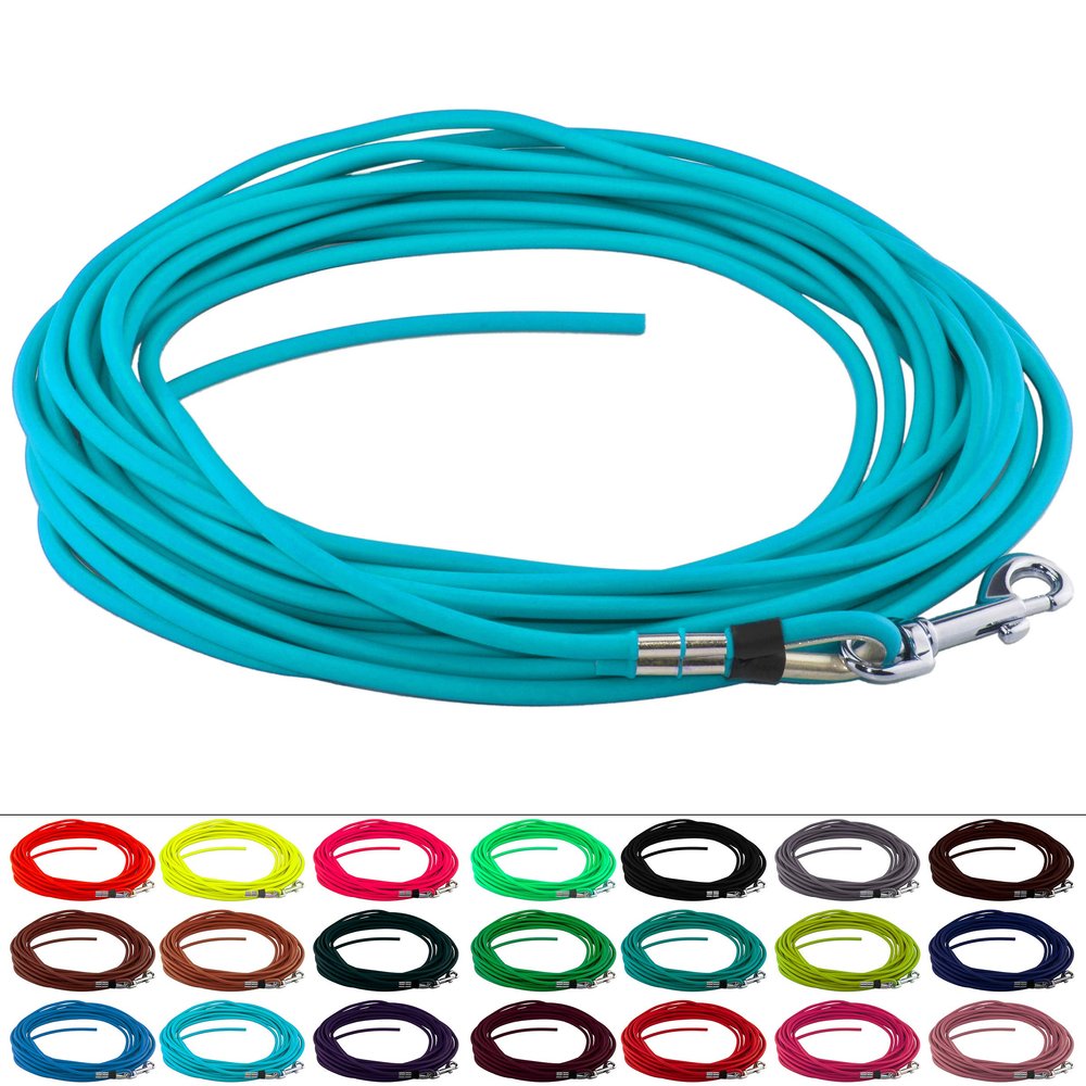 LENNIE Round BioThane Long Training Leash for Dogs 25 kg+, 8 mm, 1 m, No Hand Loop, Cyan/Turquoise