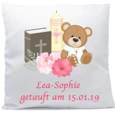 SL-Store Baptism Cushion with Name, Teddy, Candle and Bible, 40 x 40 cm, with Baptismal Verse and Filling