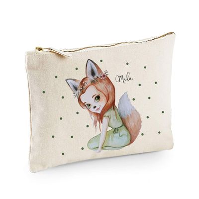 Canvas Pouch Toiletry Bag Fox Girl Fara with Green Dots, Personalized with Name